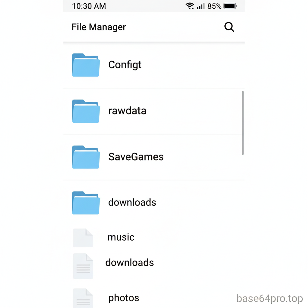 ZArchiver mobile file manager screenshot showing extracted Config, rawdata, and SaveGames folders for FPS game configs